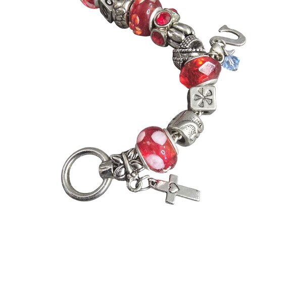 Red & Silver Charm Bracelet With Glass Beads & Metal Charms Adjustable Length - Picture 2 of 5